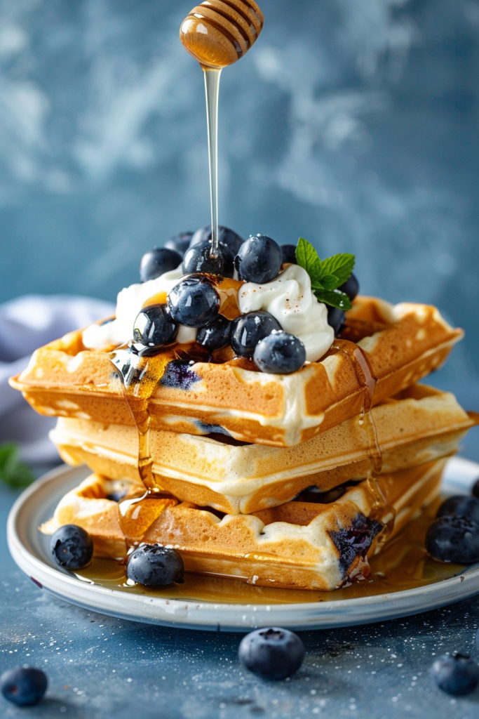 Blueberry Waffles with Greek Yogurt and Honey