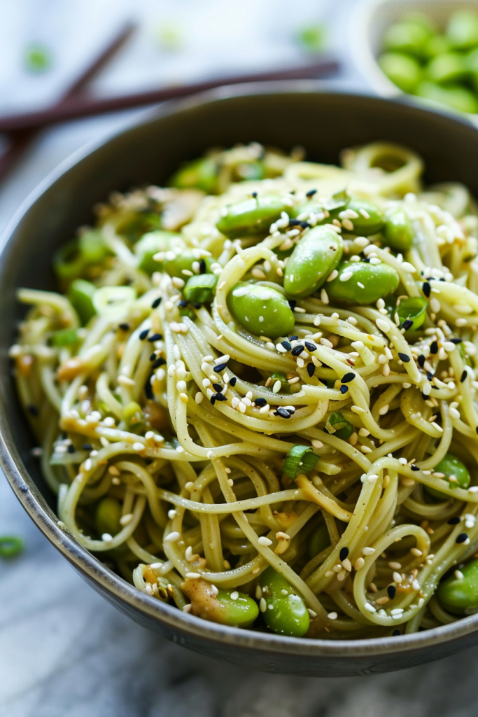 Green Tea Noodles with Edamame and Peanut Sauce