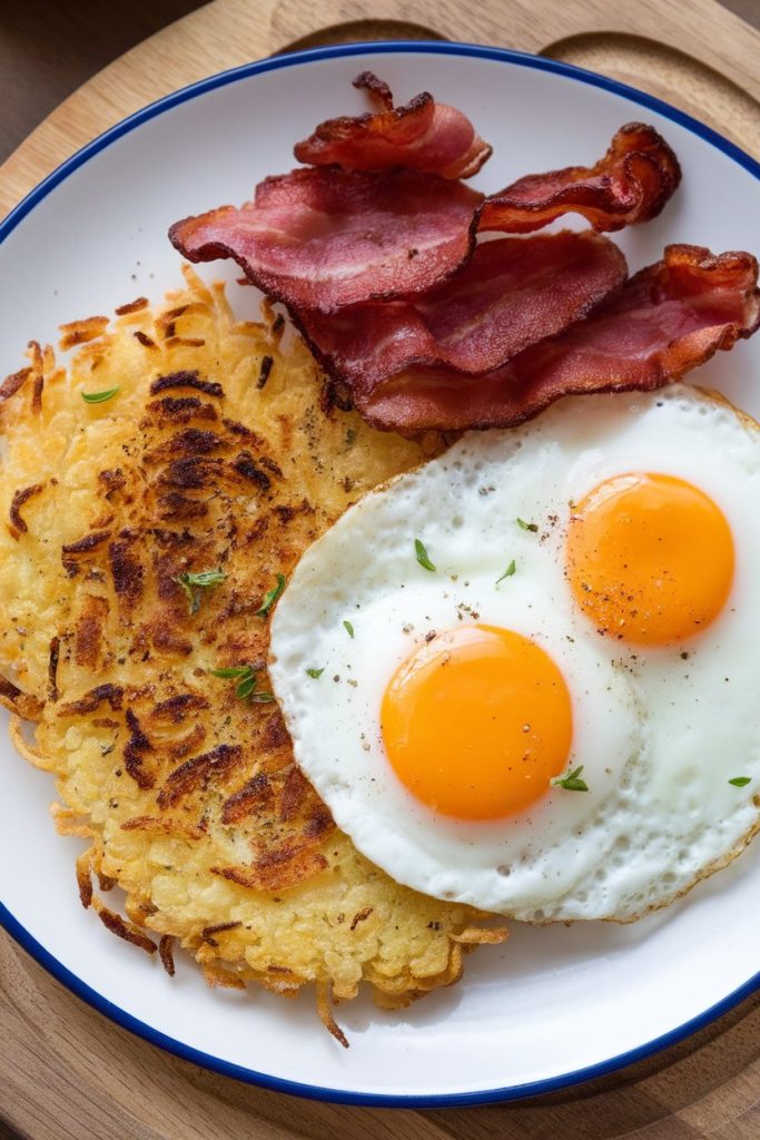 Cauliflower Hash Browns with Bacon and Eggs