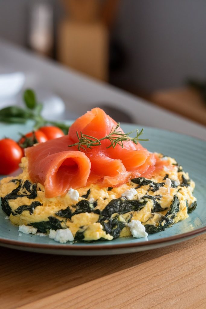 Spinach and Feta Scrambled Eggs with Smoked Salmon