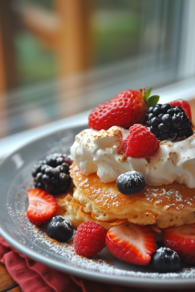 Coconut Flour Pancakes with Berries and Whipped Cream