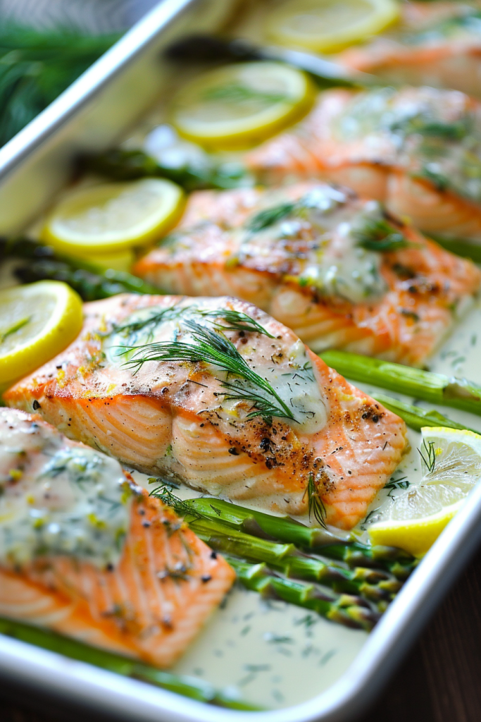Baked Salmon with Asparagus and Lemon Dill Sauce