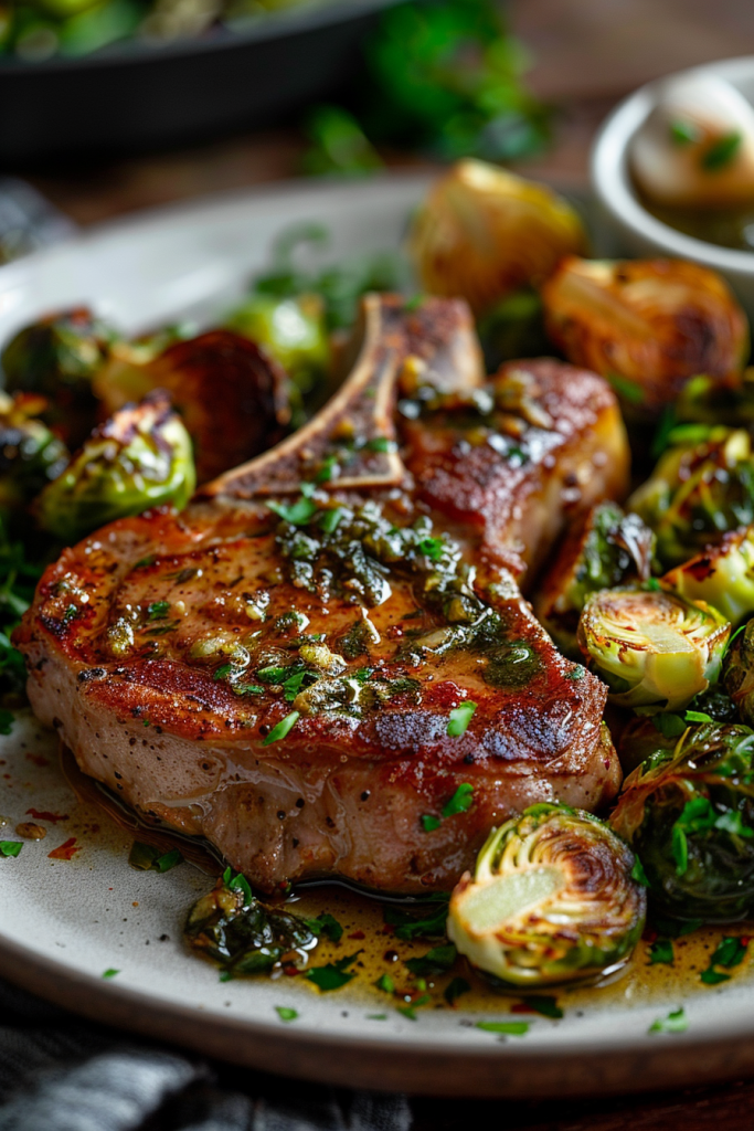 Pork Chops with Roasted Brussels Sprouts and Garlic Butter