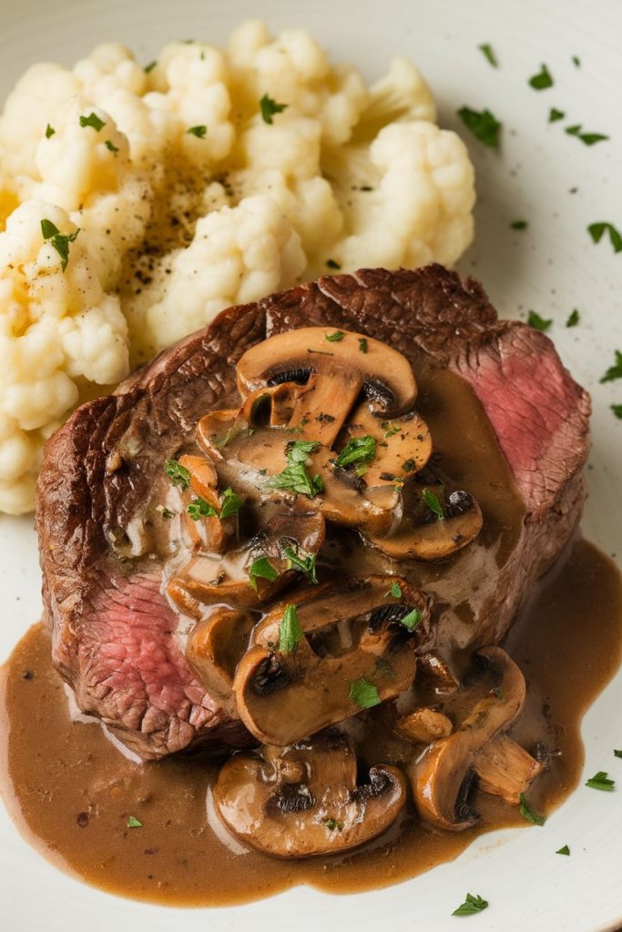 Steak with Mushroom Sauce and Cauliflower Mash