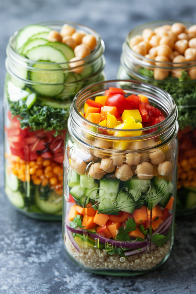 Mason Jar Salads with Quinoa, Chickpeas, and Lemon Vinaigrette
