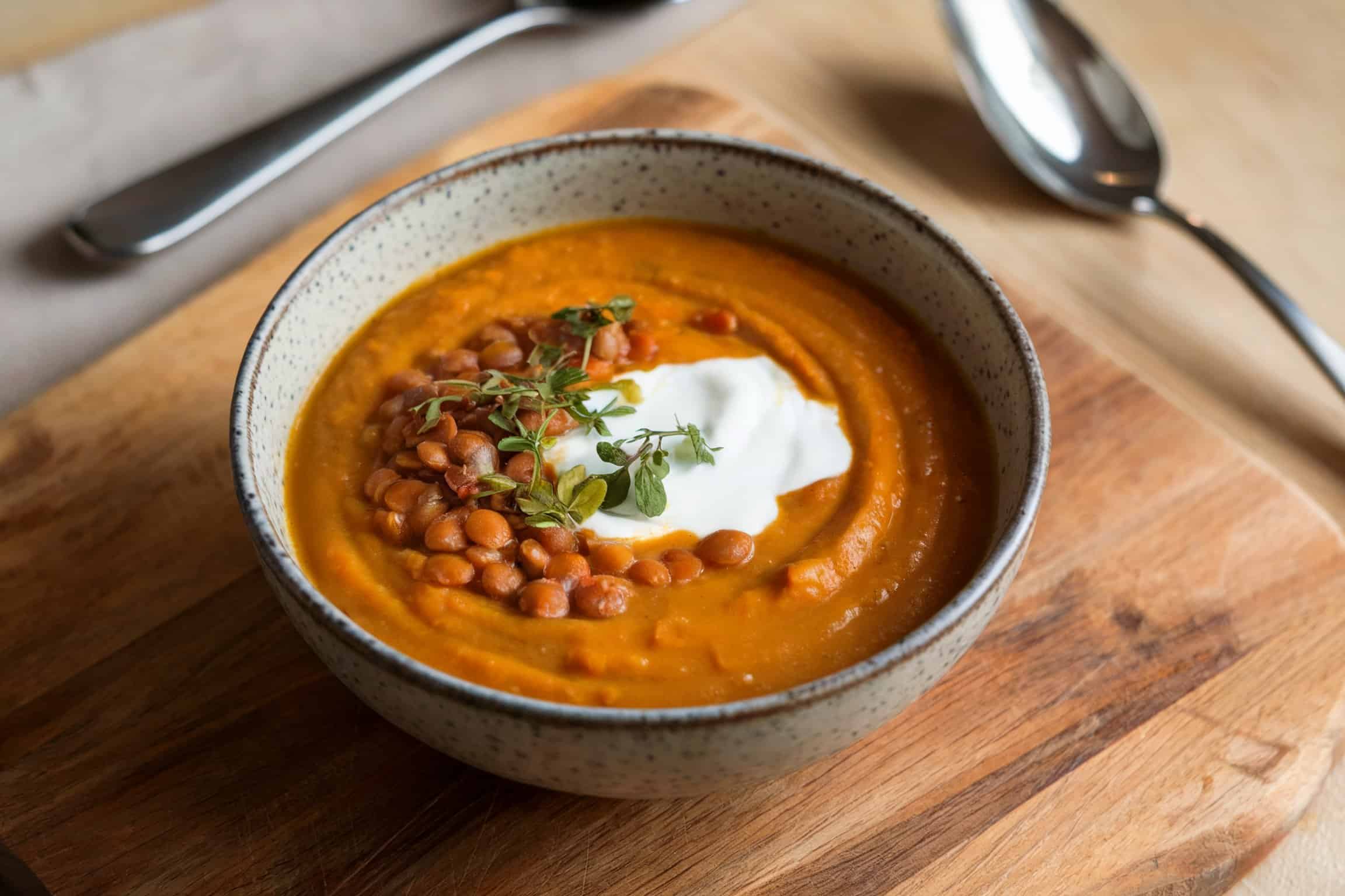 A bowl of pumpkin and red lentil soup