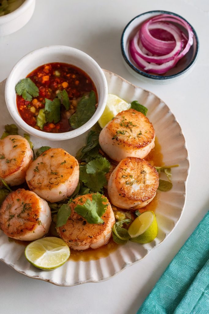 Scallops With Red Aguachile and Pickled Onion