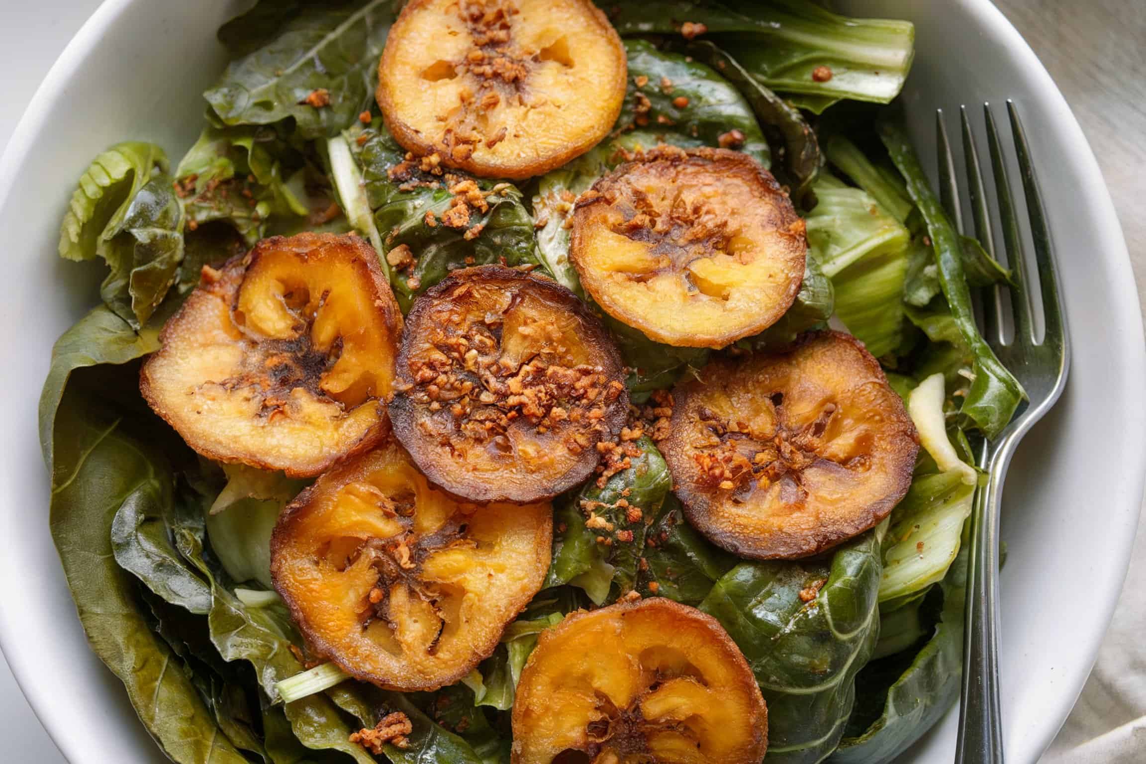 Collard Greens Salad With Fried Plantain and Sumac