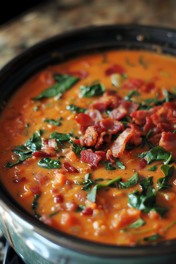 Creamy Tomato Soup with Spinach and Bacon