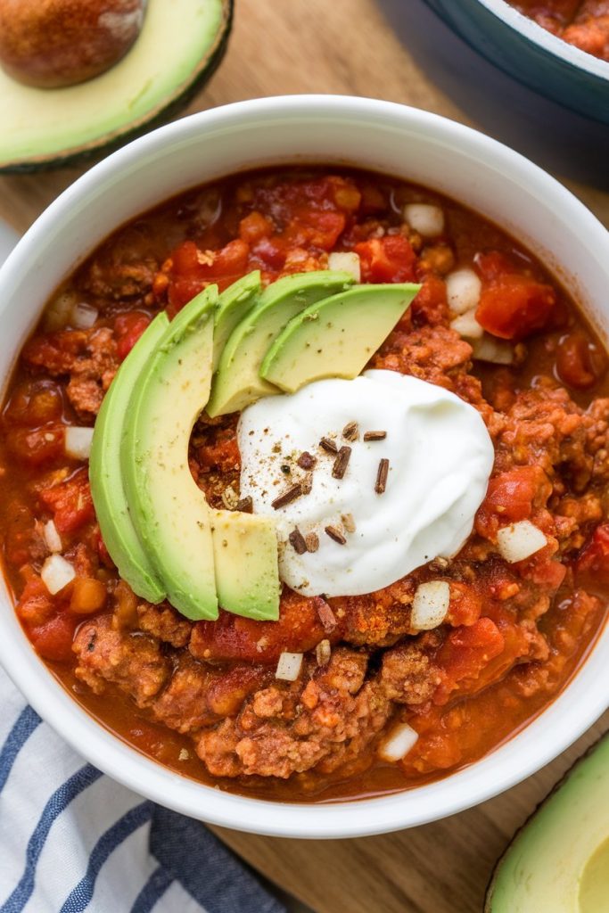 Keto Chili with Avocado and Sour Cream