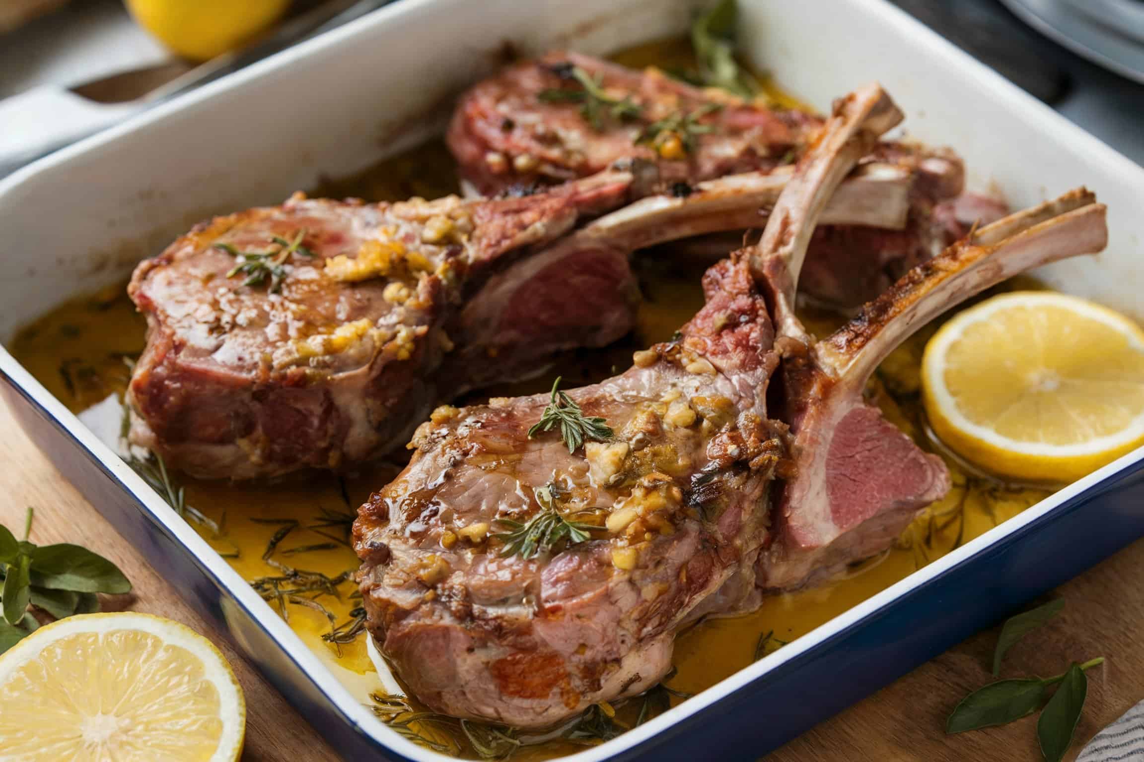 A baking dish filled with Greek-style lamb chops