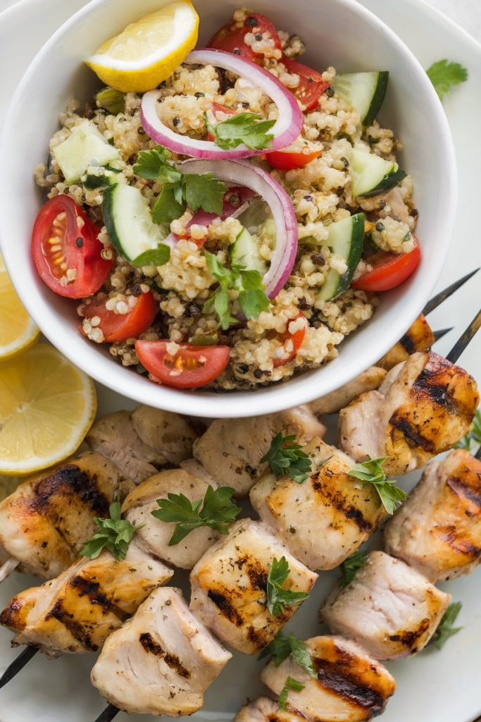 Greek Lemon Chicken Skewers with Quinoa Salad