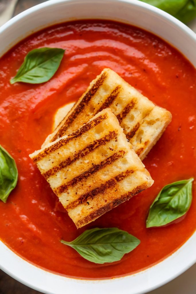 Roasted Red Pepper and Tomato Soup with Grilled Cheese Croutons