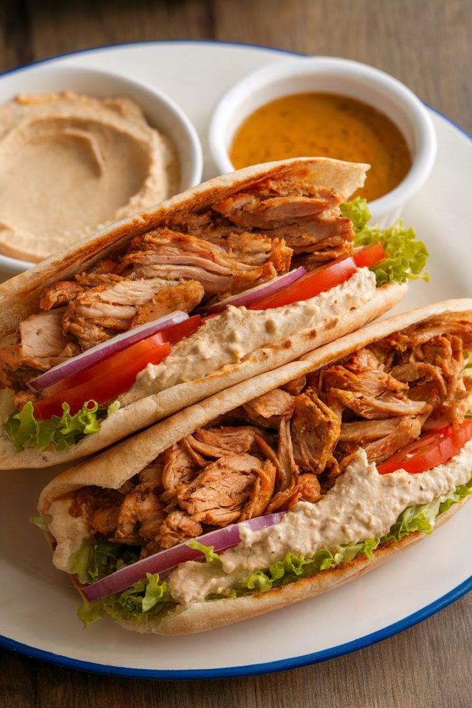 Chicken Shawarma Pitas with Hummus and Tahini Sauce