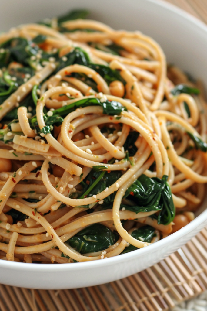 Whole Wheat Pasta with Spinach and Chickpeas