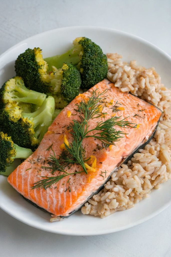 Baked Salmon with Steamed Broccoli and Brown Rice