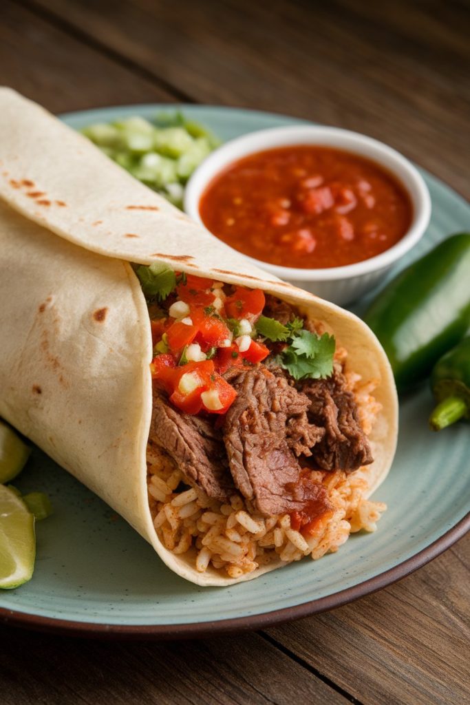Beef Burrito with Brown Rice and Salsa