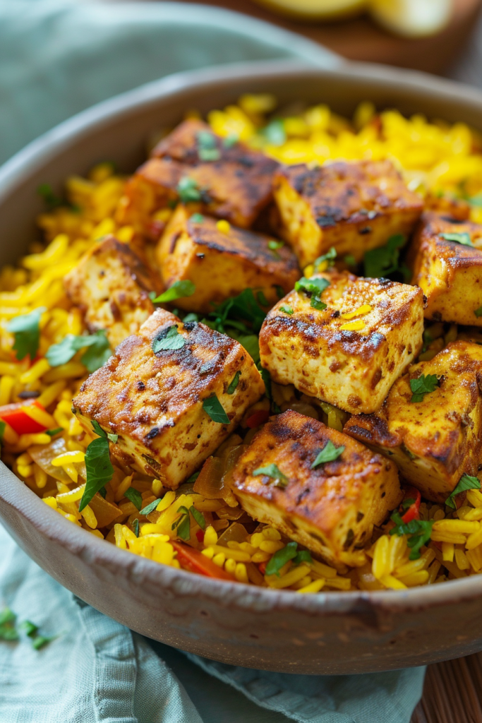 Baked Tofu with Yellow Rice