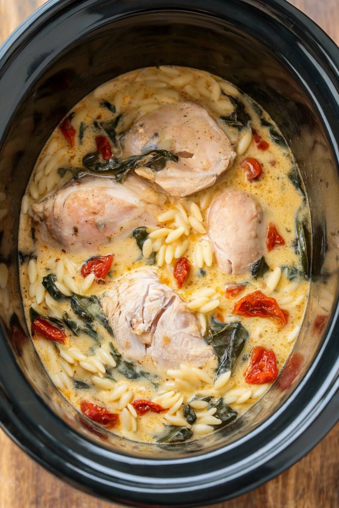Crockpot Creamy Tuscan Chicken Orzo