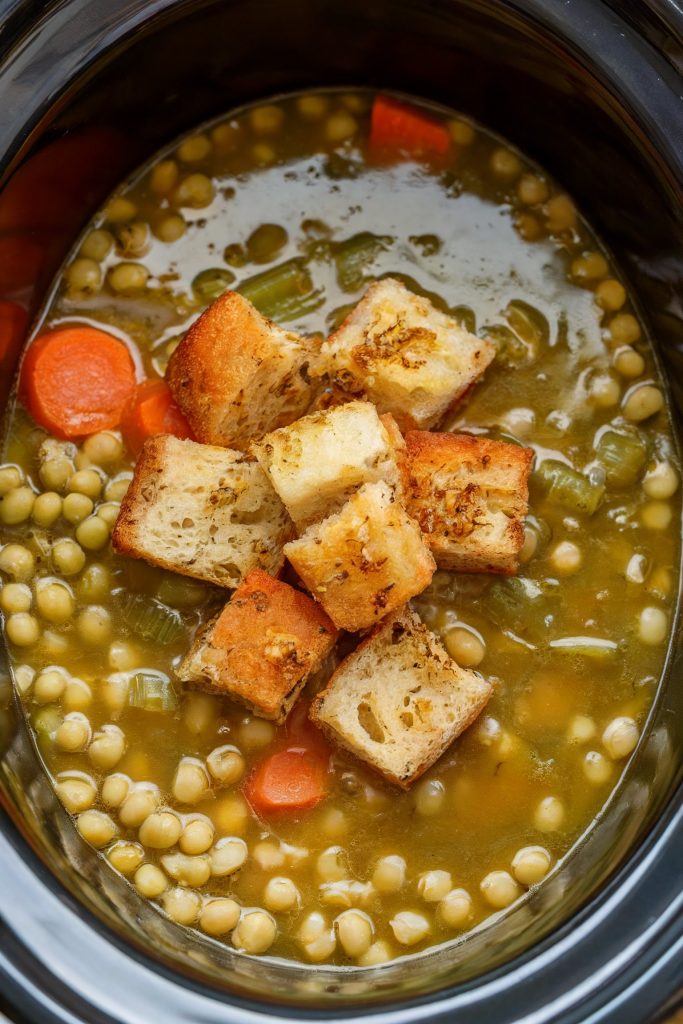 Crockpot Split Pea Soup With Garlicky Croutons