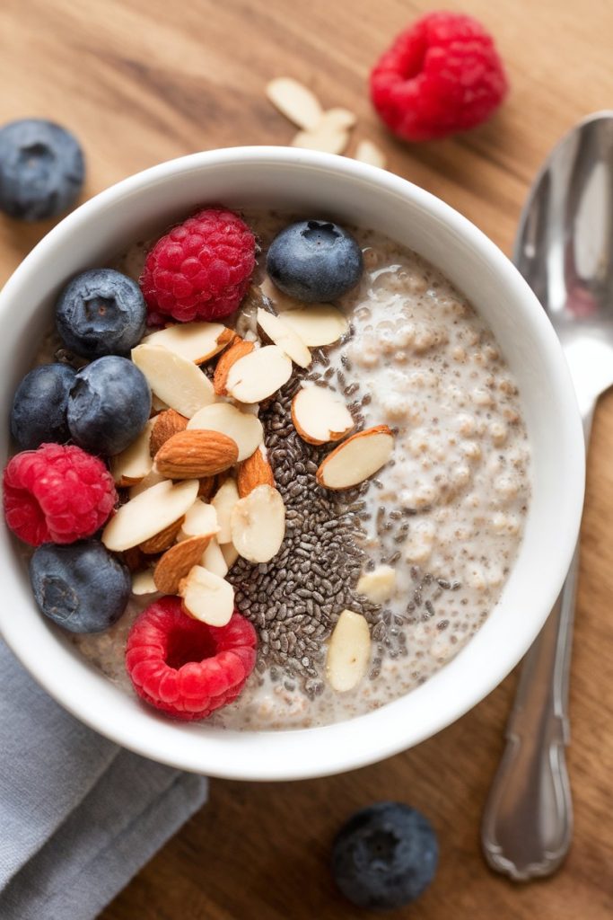 A bowl of oatmeal topped with chia seeds, fresh blueberries, and sliced almonds