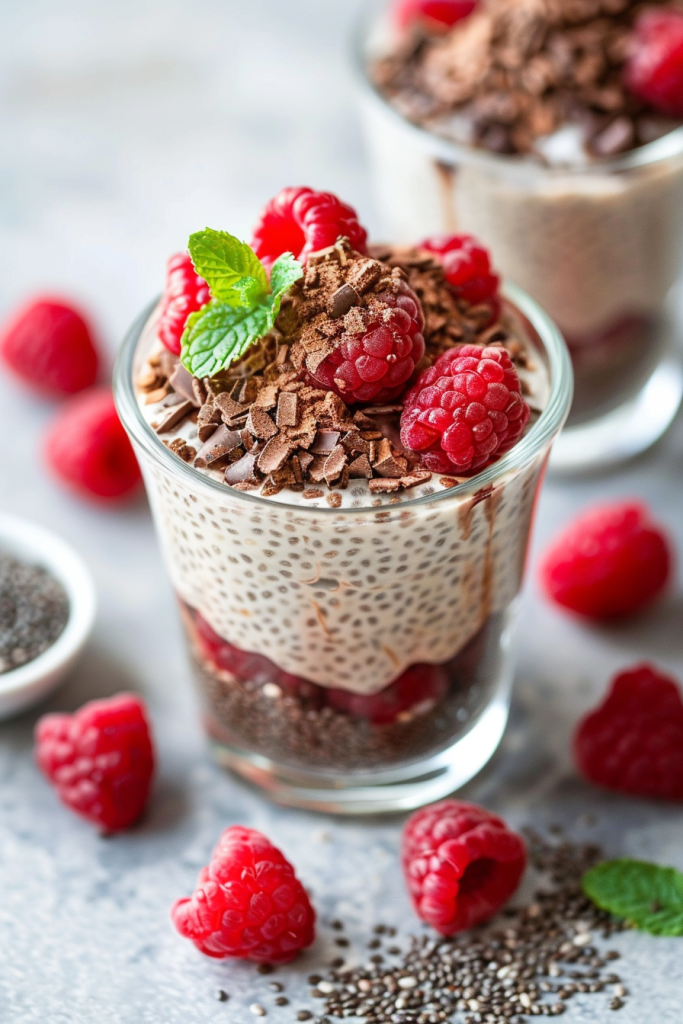 A bowl of chia pudding topped with rich chocolate and fresh raspberries