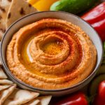 A bowl of roasted red pepper hummus topped with olive oil and paprika.