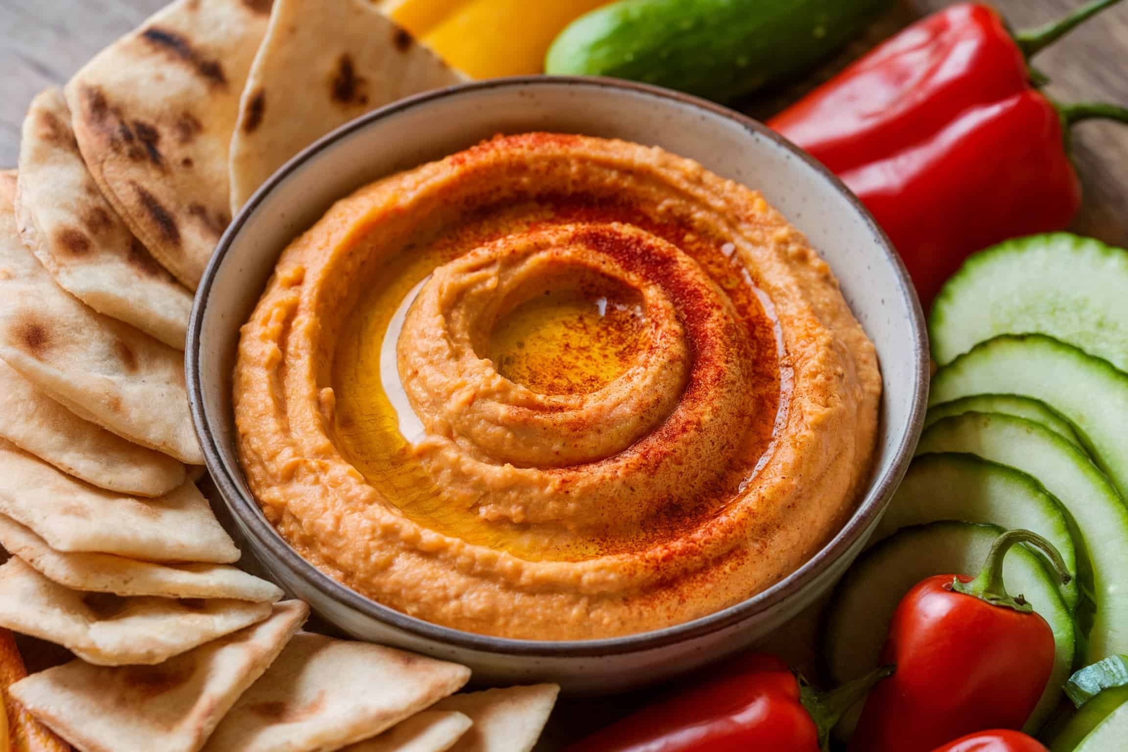 A bowl of roasted red pepper hummus topped with olive oil and paprika.