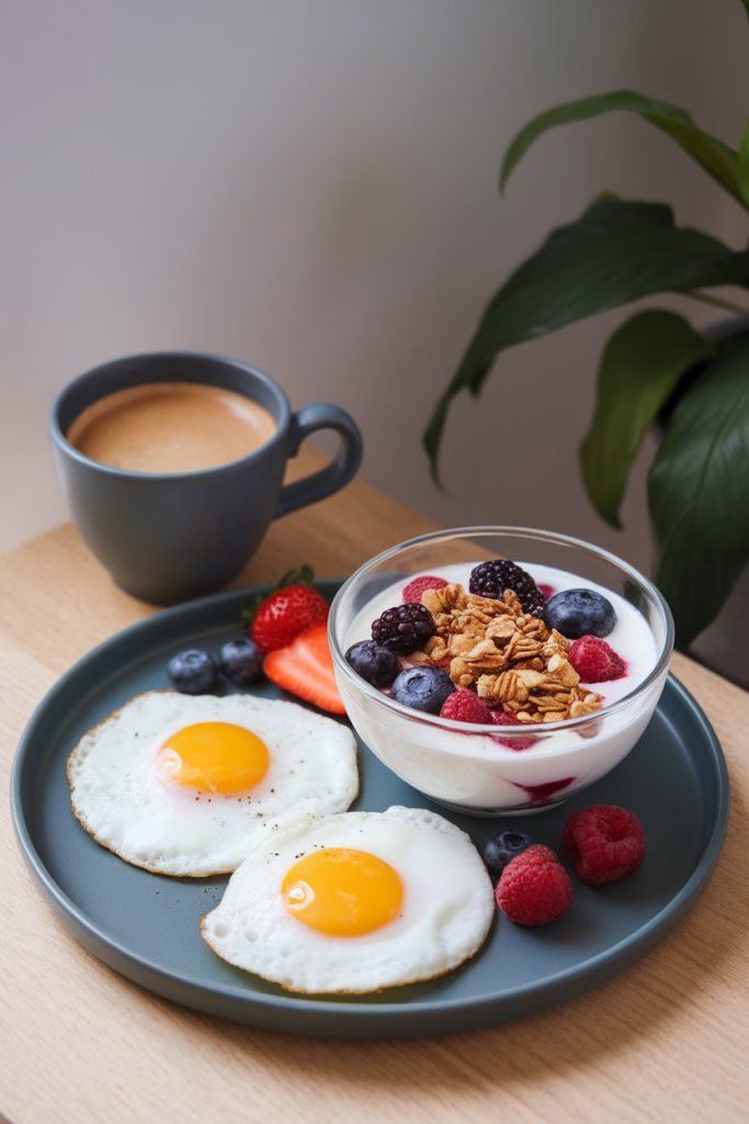 A plate with fried eggs, fresh berries, and yogurt with granola