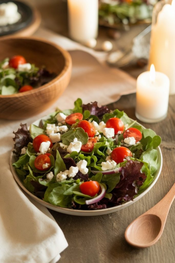 A fresh salad with tomatoes, goat cheese, and leafy greens