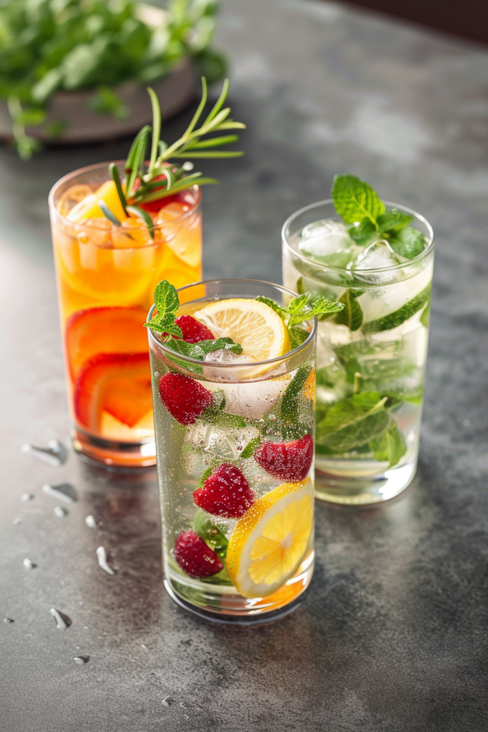 Three glasses of flavored water with fresh fruits and herbs, including lemon, mint, and rosemary