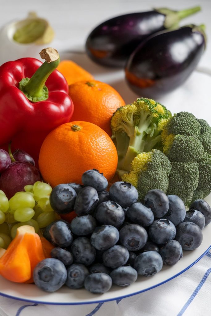 A variety of fresh fruits and vegetables including red bell pepper, oranges, blueberries, grapes, broccoli, and eggplant