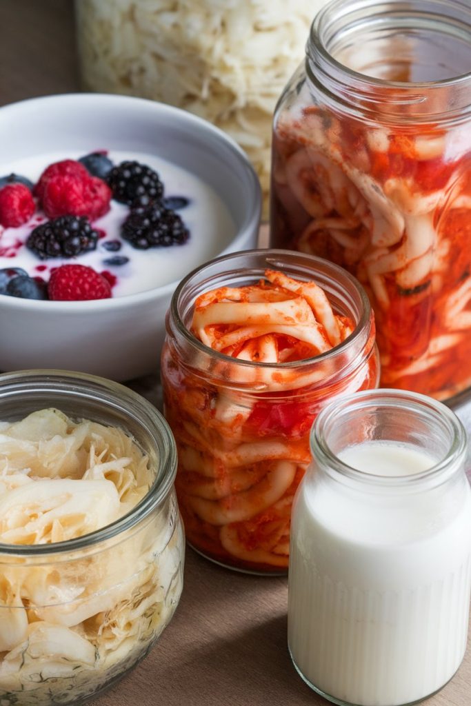 Jars of homemade kimchi, sauerkraut, and yogurt with berries on the side