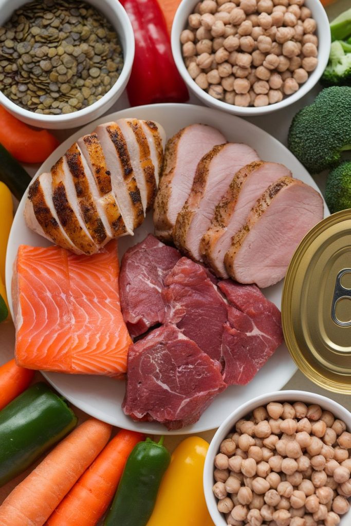 A variety of protein-rich foods like salmon, chicken, pork, and chickpeas surrounded by colorful vegetables