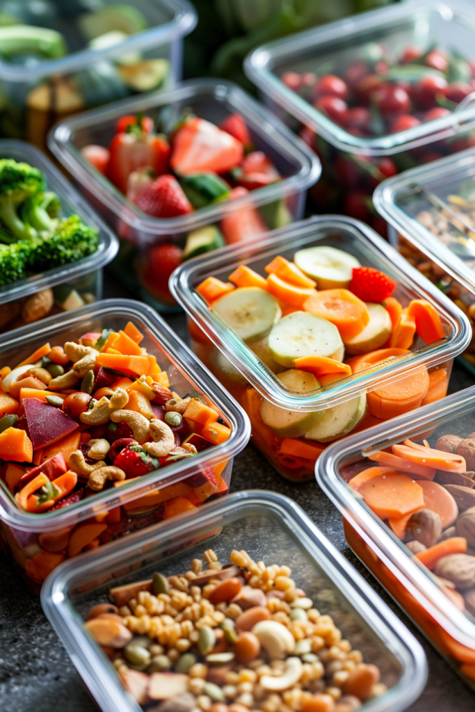 Meal prep containers filled with sliced fruits, vegetables, and nuts