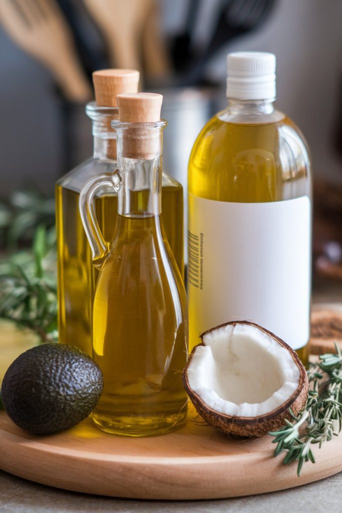 A selection of cooking oils, including olive oil, coconut oil, and avocado, placed on a wooden cutting board next to fresh herbs and a coconut