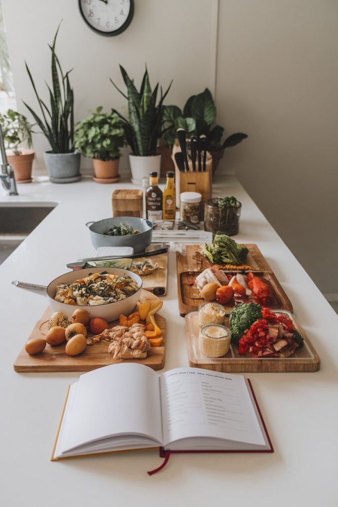 Fresh vegetables, spices, and a cookbook open on a kitchen counter