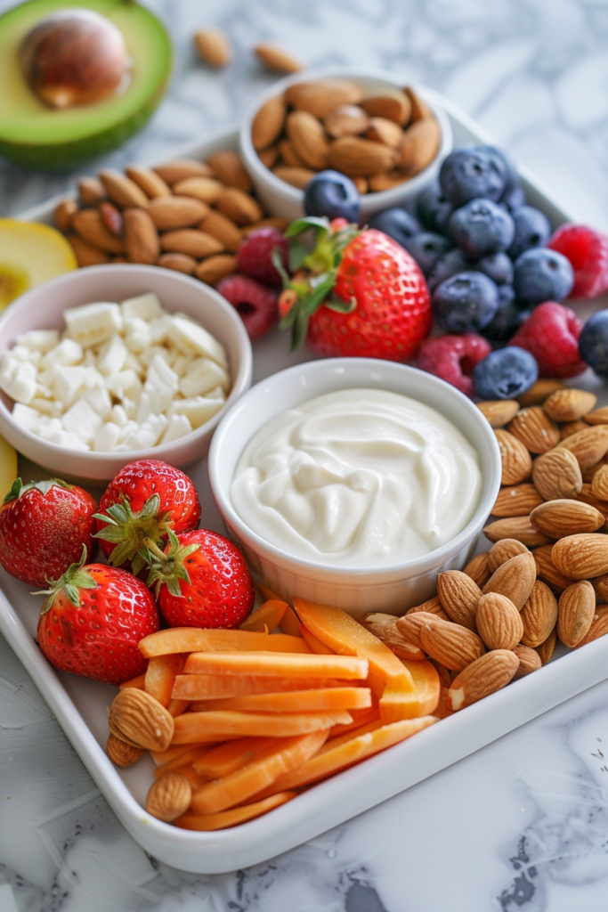 A colorful plate featuring an assortment of fresh fruits and mixed nuts