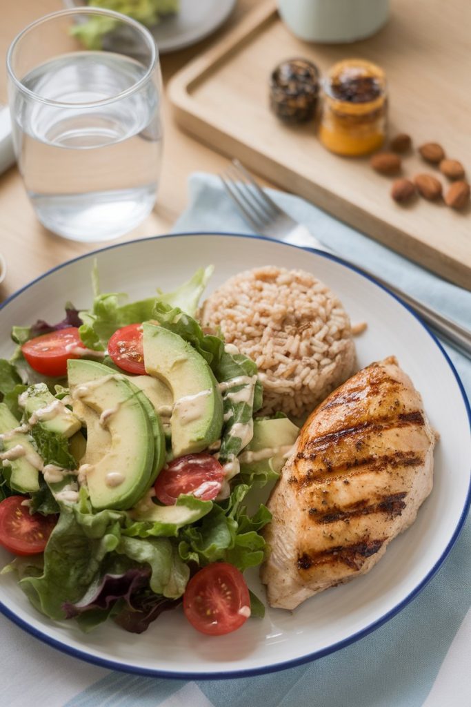 Grilled chicken breast, salad, and rice on a plate