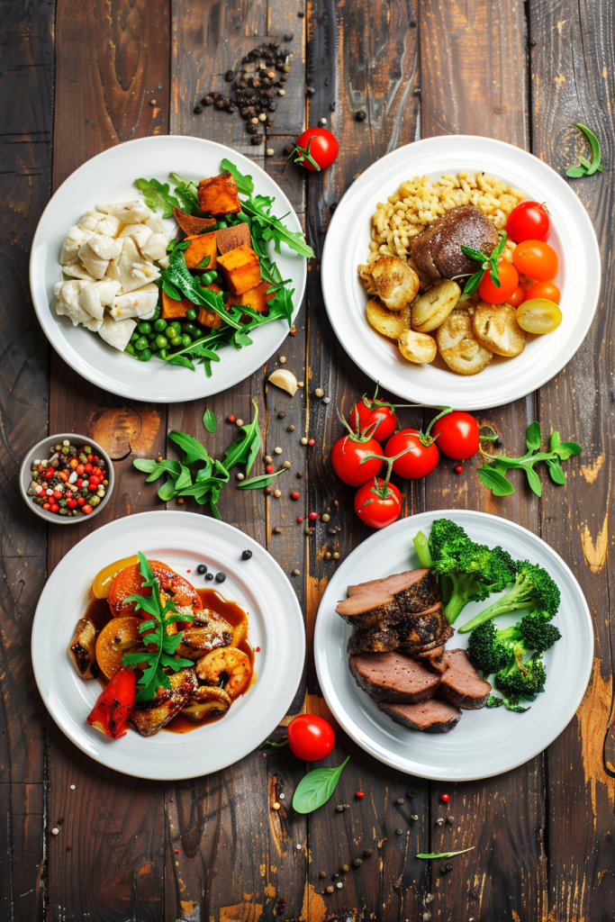 Four varied healthy meals plated on a rustic wooden table