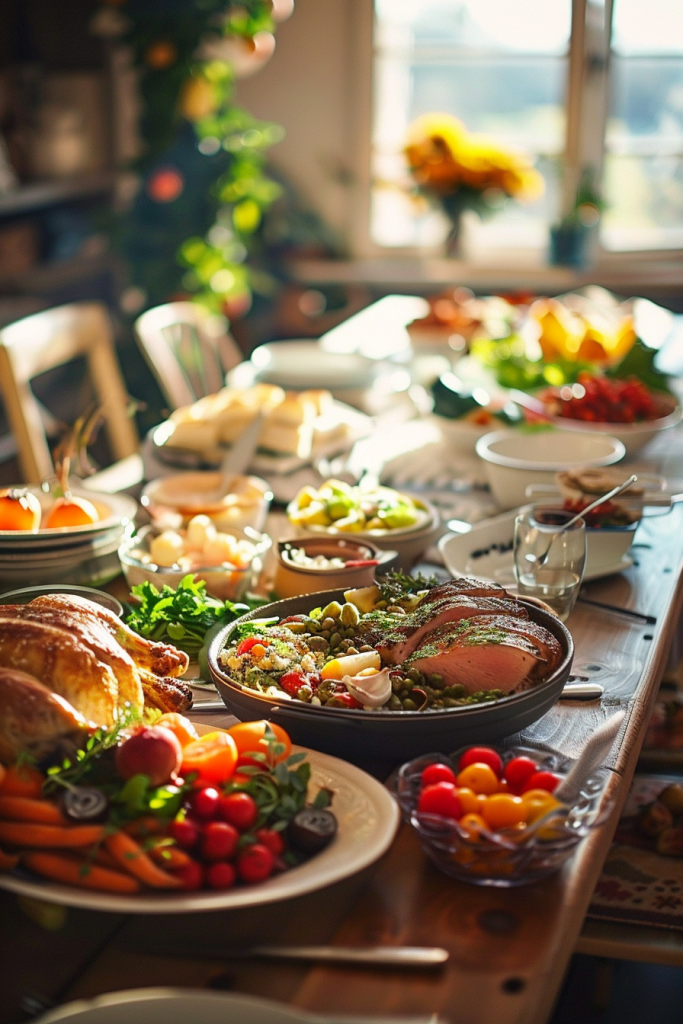 A festive dining table with roast meat, vegetables, and bread