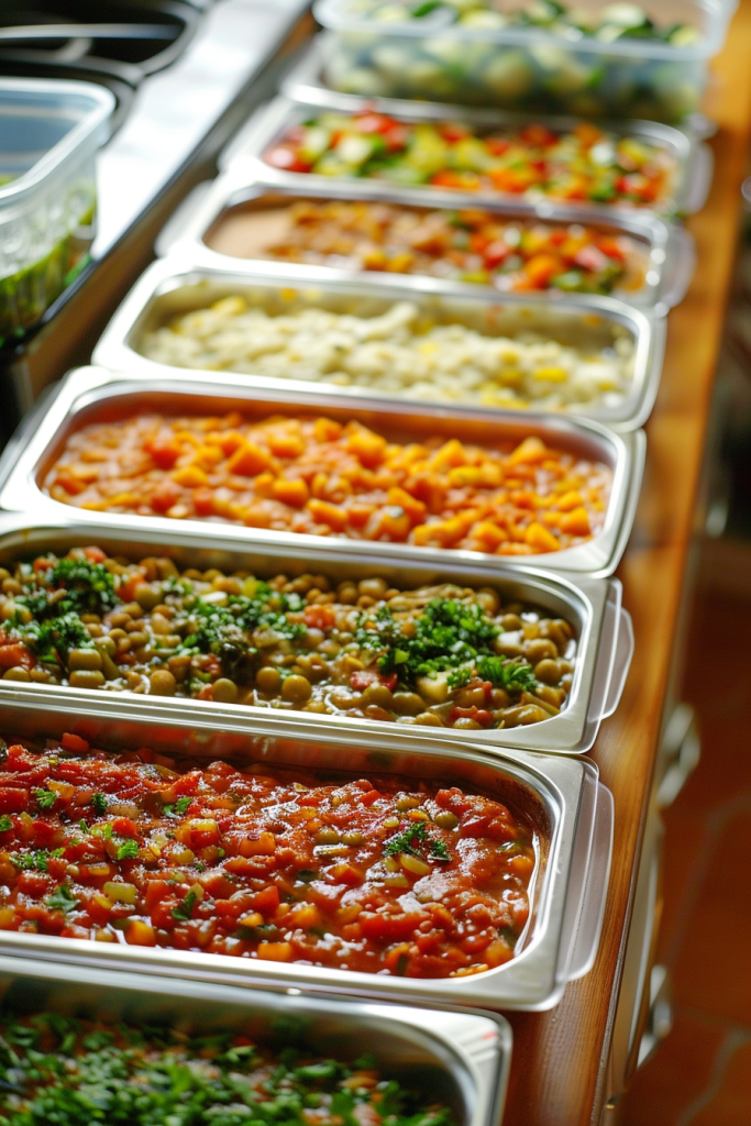 Multiple containers with different cooked vegetables and beans in a kitchen