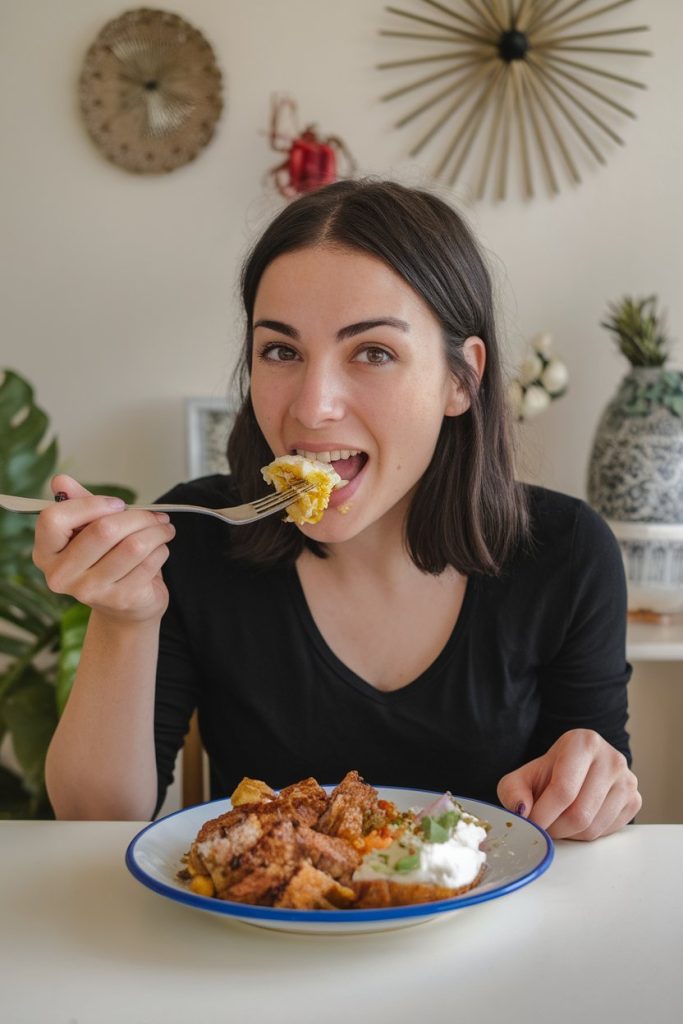 Person enjoying a meal with vegetables and yogurt on a plate