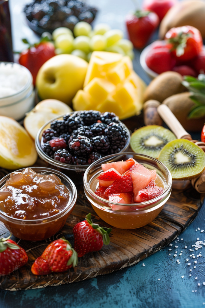 A variety of fresh fruits such as strawberries, mango, kiwi, and grapes in bowls