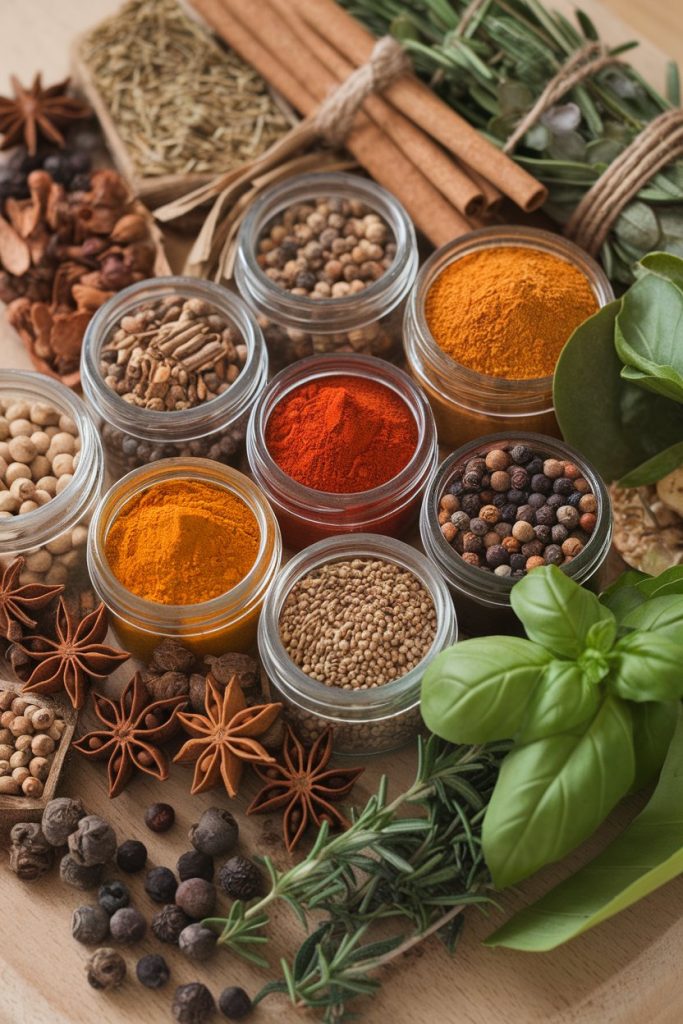 A selection of spices and herbs, including turmeric, cinnamon sticks, and rosemary