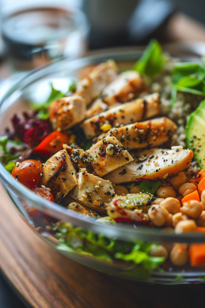 A salad with grilled chicken, veggies, and quinoa