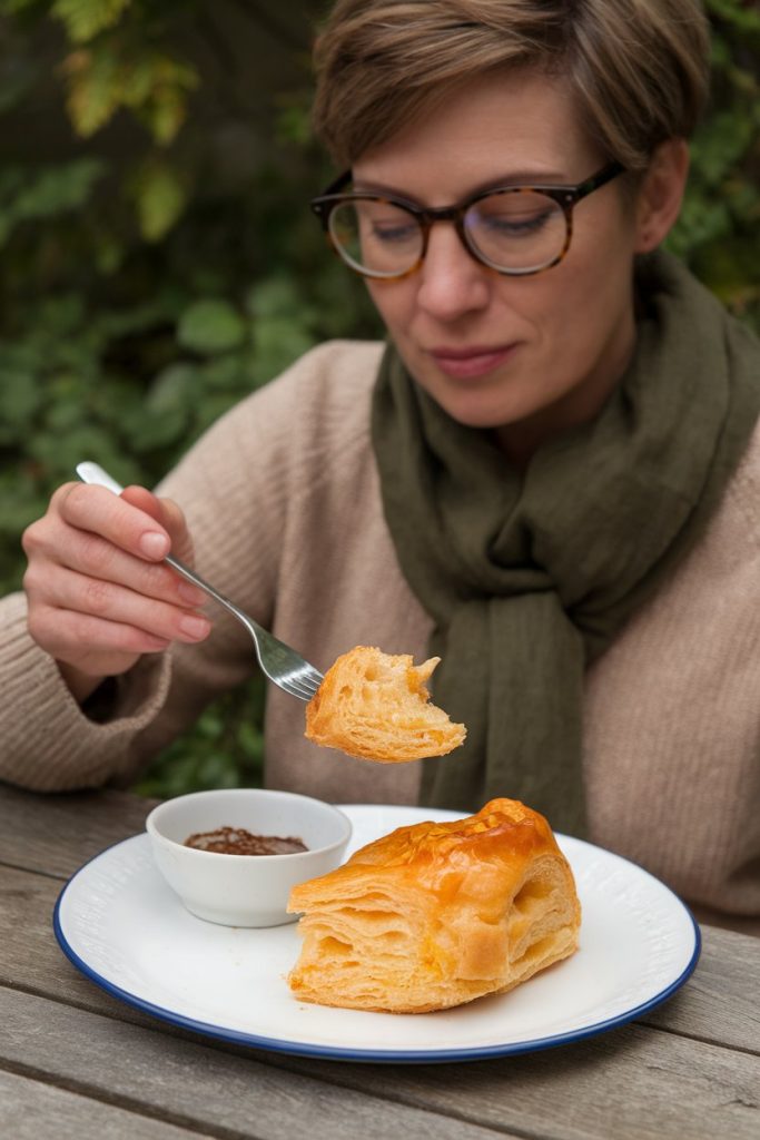 Woman eating a pastry with a dipping sauce