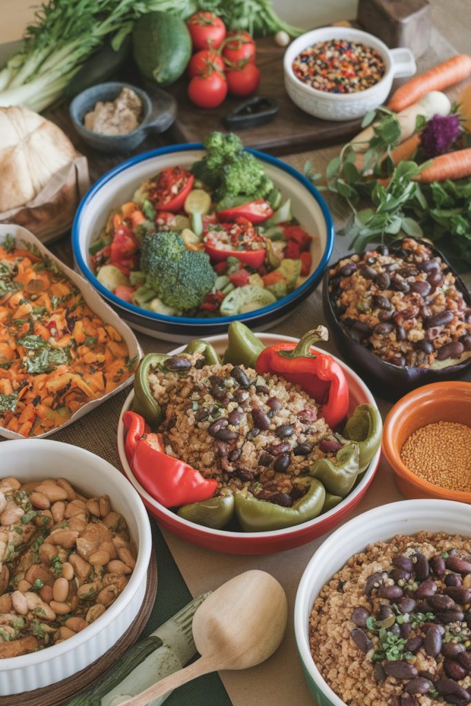 A variety of healthy meals, including stuffed vegetables and salads