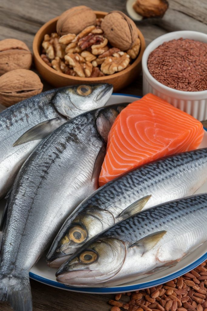 Fresh fish with walnuts, flax seeds, and salmon