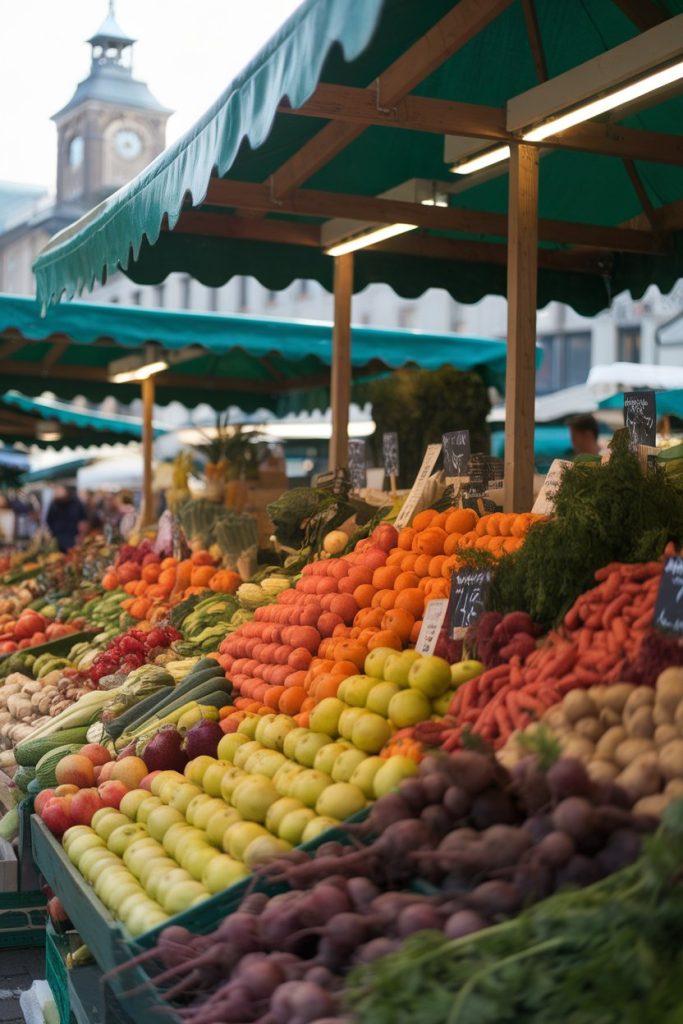Outdoor market with colorful vegetables and fruits